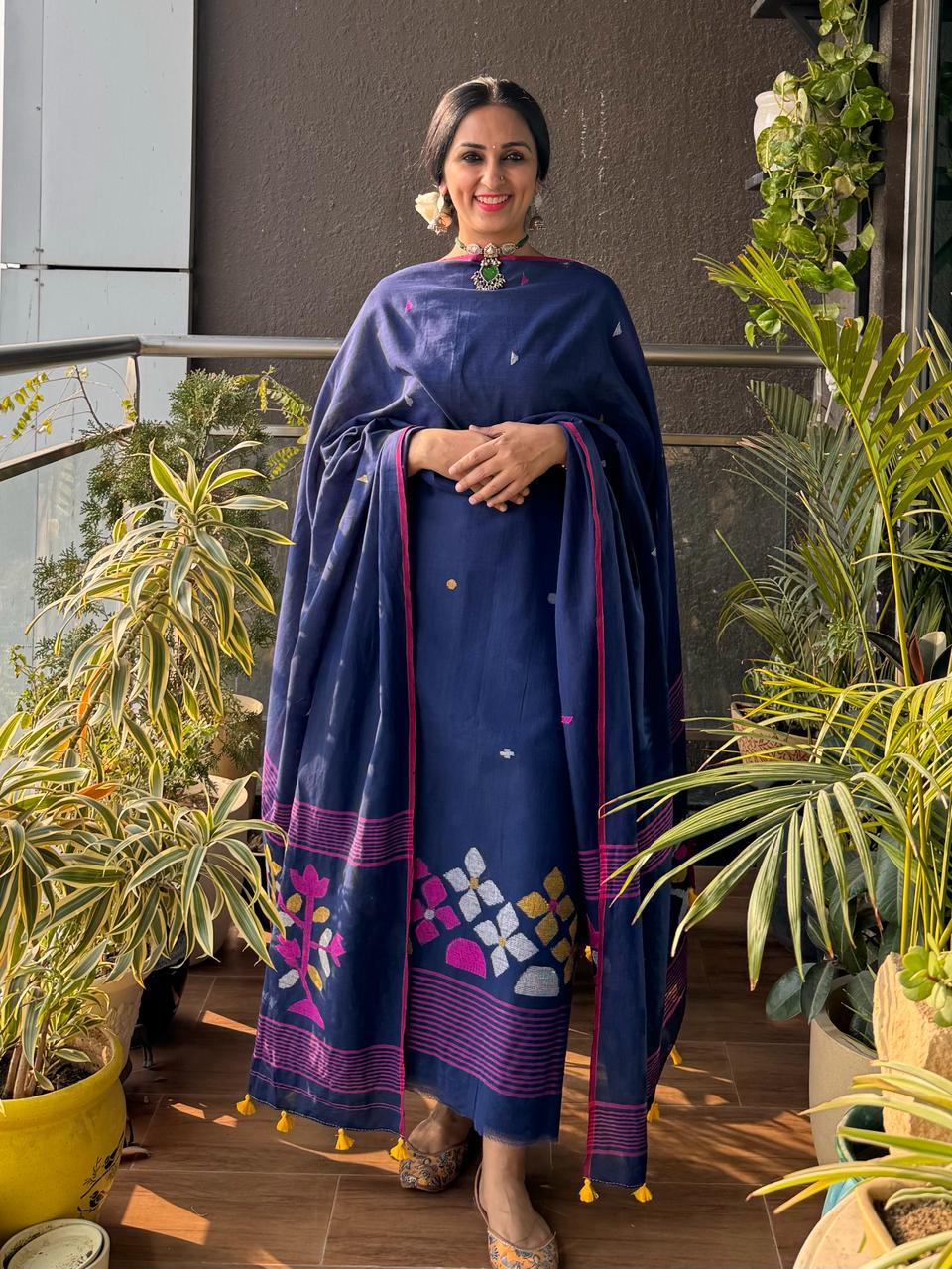 Blue Pure Tantuja Cotton Suit – Unstitched 3m Top with 2.5m Dupatta