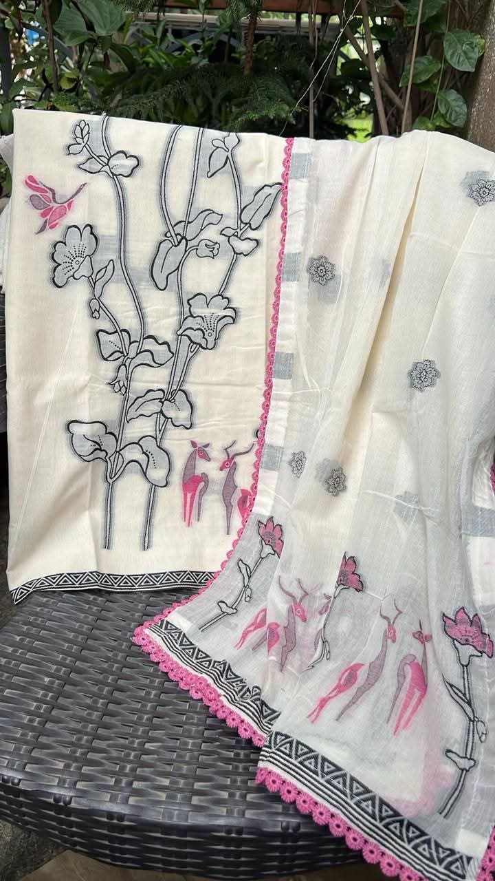 Cream Pure Chanderi Jamdani Suit with Multicolor Floral Weaving & Bottom