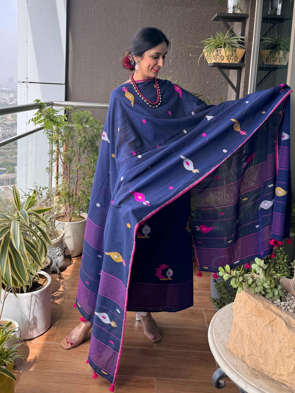 Blue Pure Tantuja Cotton Suit – 3m Top & 2.5m Dupatta (Unstitched)