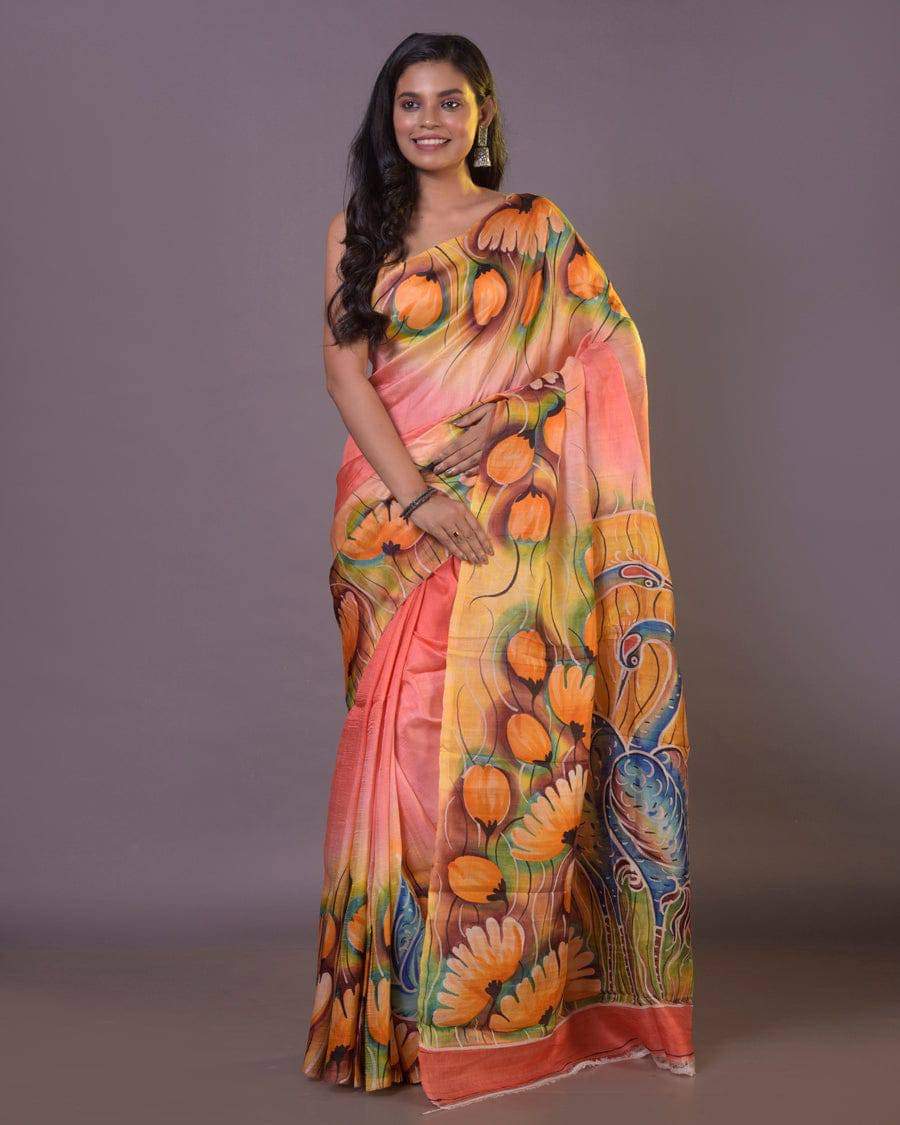 Peach–Coral Pink Pure Bishnupuri 3-Ply Silk Saree | Hand-Painted Elegance
