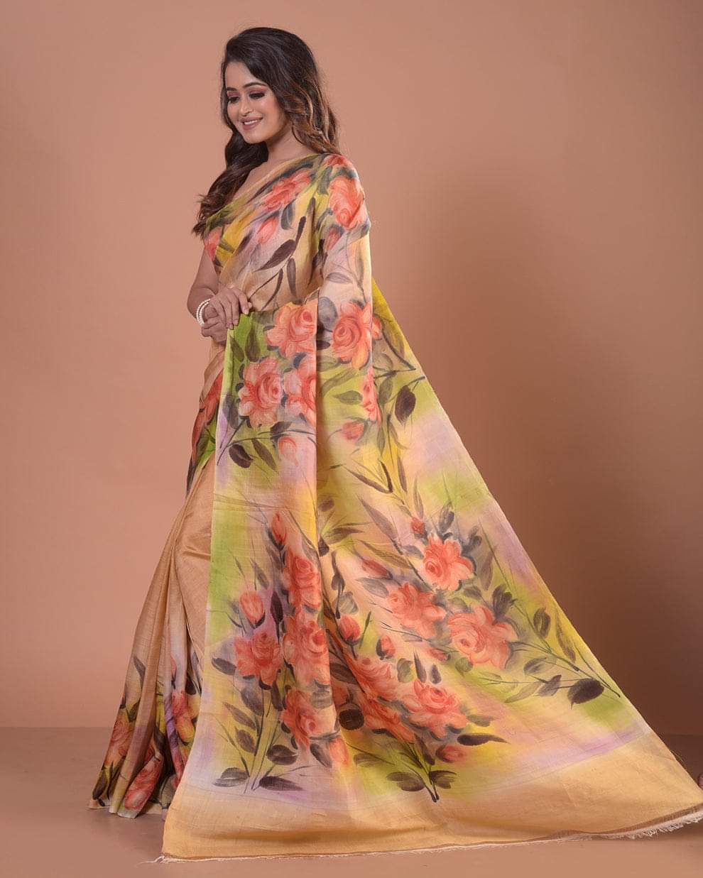 Soft Beige–Golden Pure Bishnupuri 3-Ply Silk Saree | Hand-Painted Grandeur
