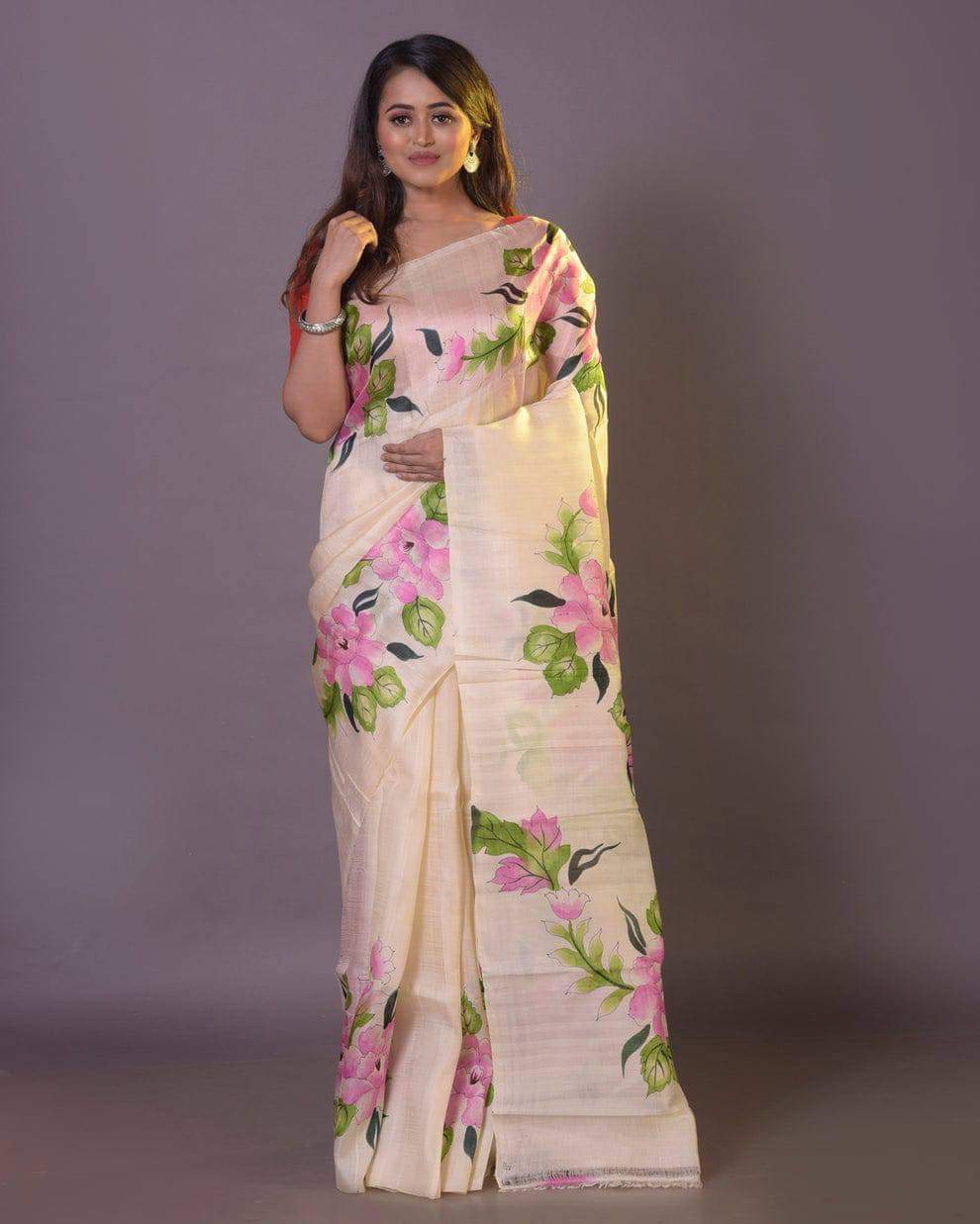 Light Cream Pure Bishnupuri 3-Ply Silk Saree | Hand-Painted Luxury