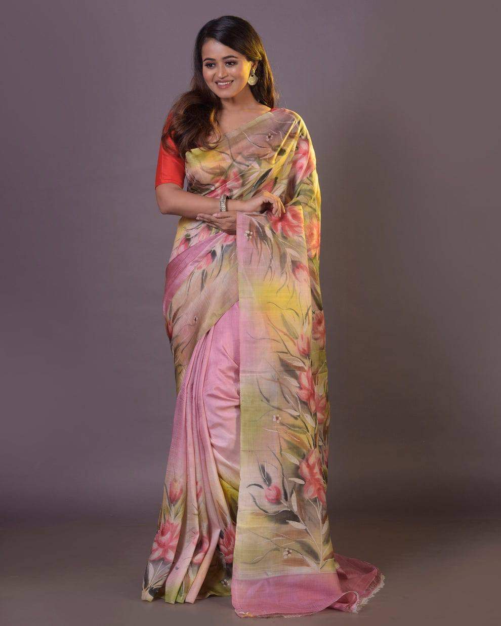 Soft Pink Pure Bishnupuri 3-Ply Silk Saree | Hand-Painted Elegance