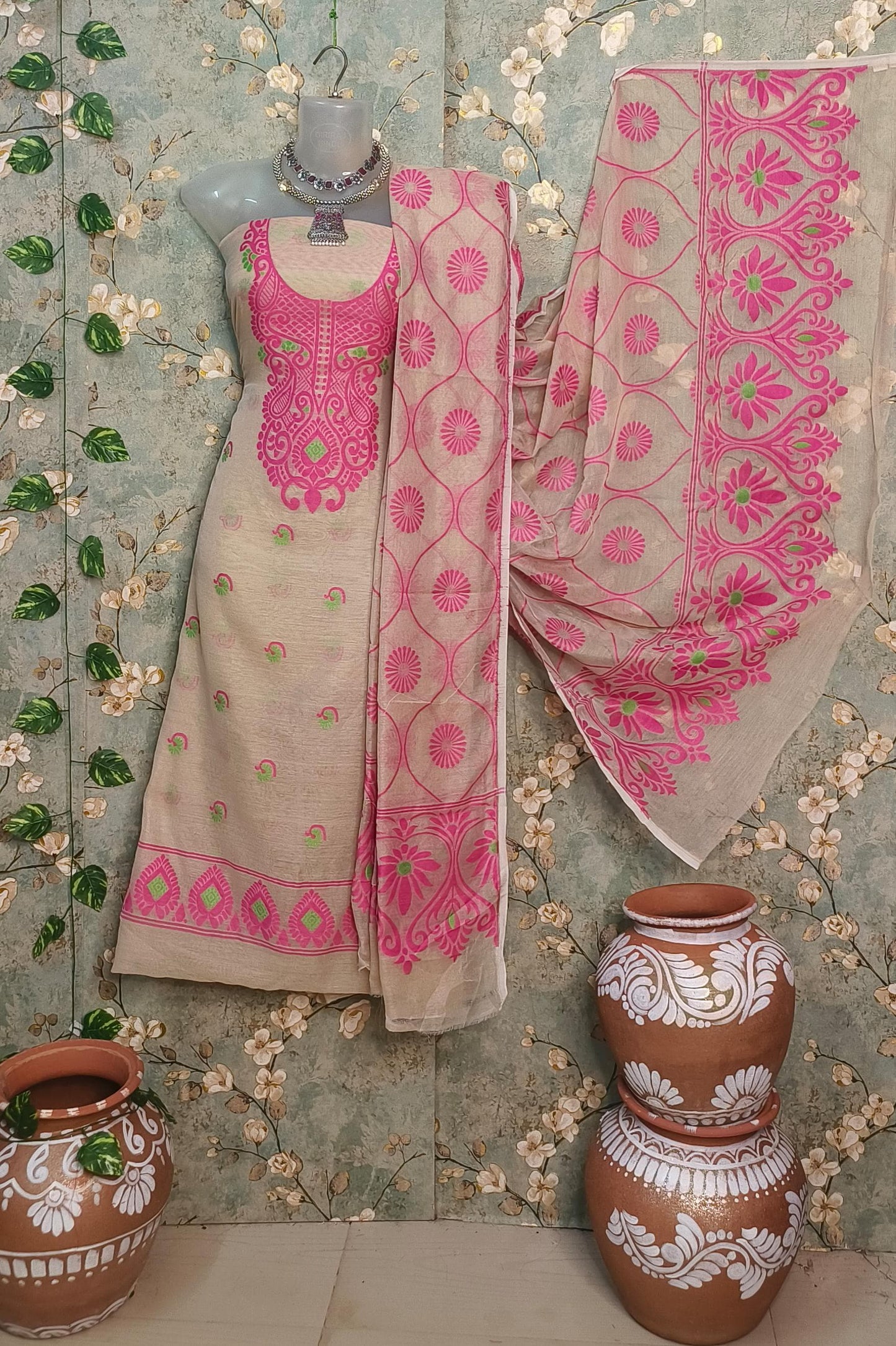 Beige & Pink Bliss: Jamdani Cotton Suits Set
