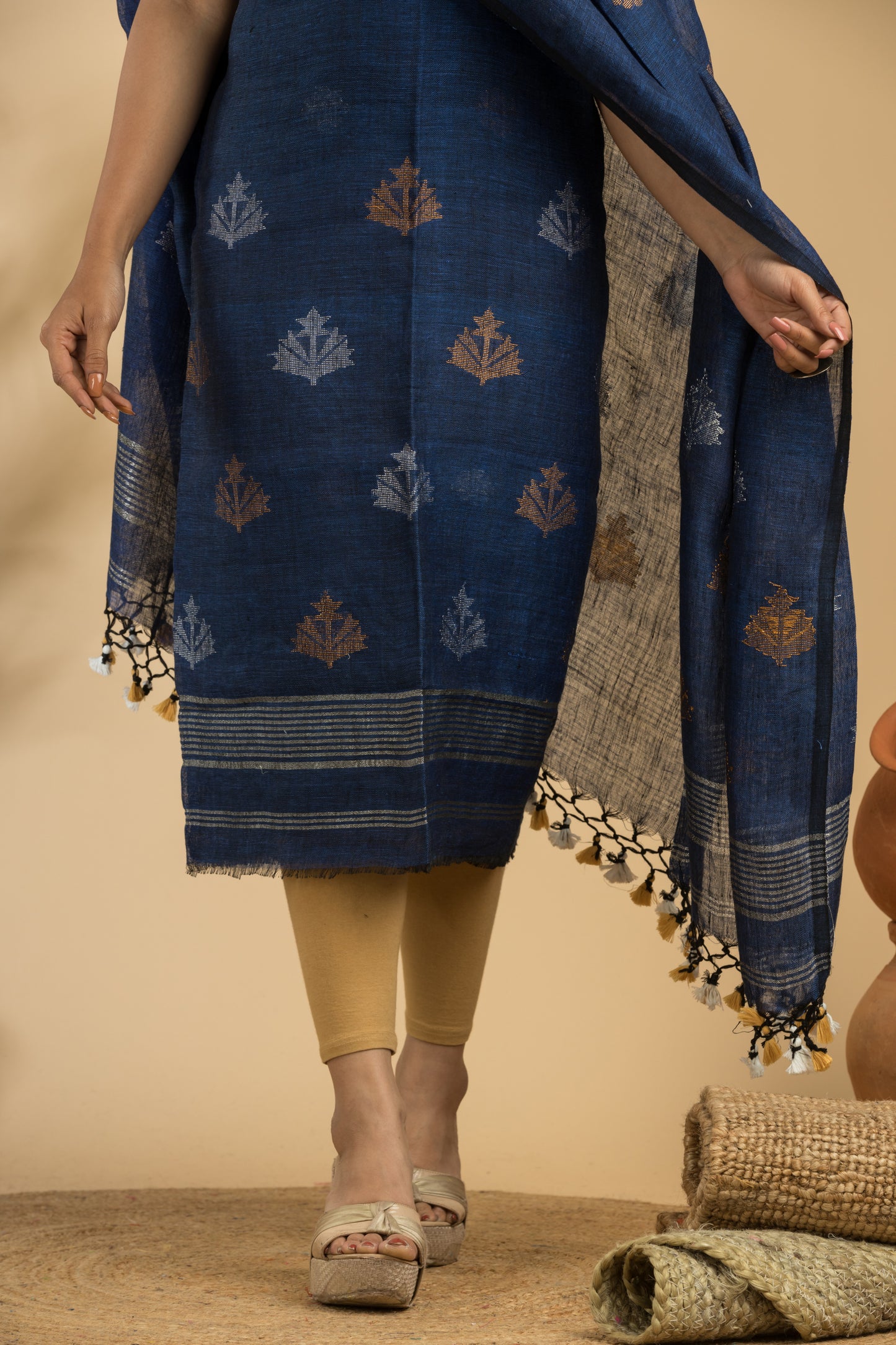 Blue Pure Linen Jamdani Handwoven Suit with Tassel Dupatta