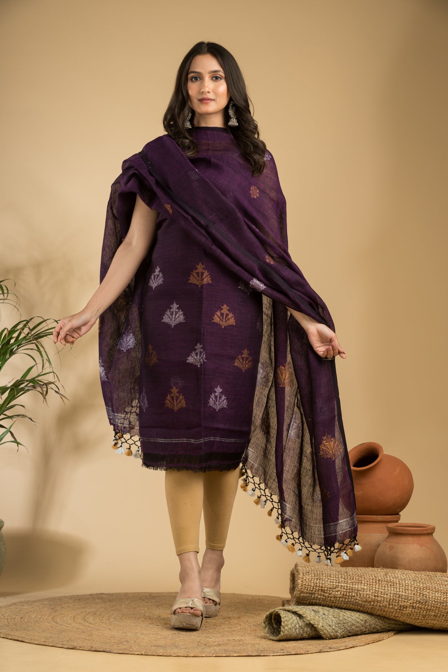 Pure Linen Jamdani Handwoven Suits with Tassel Dupatta