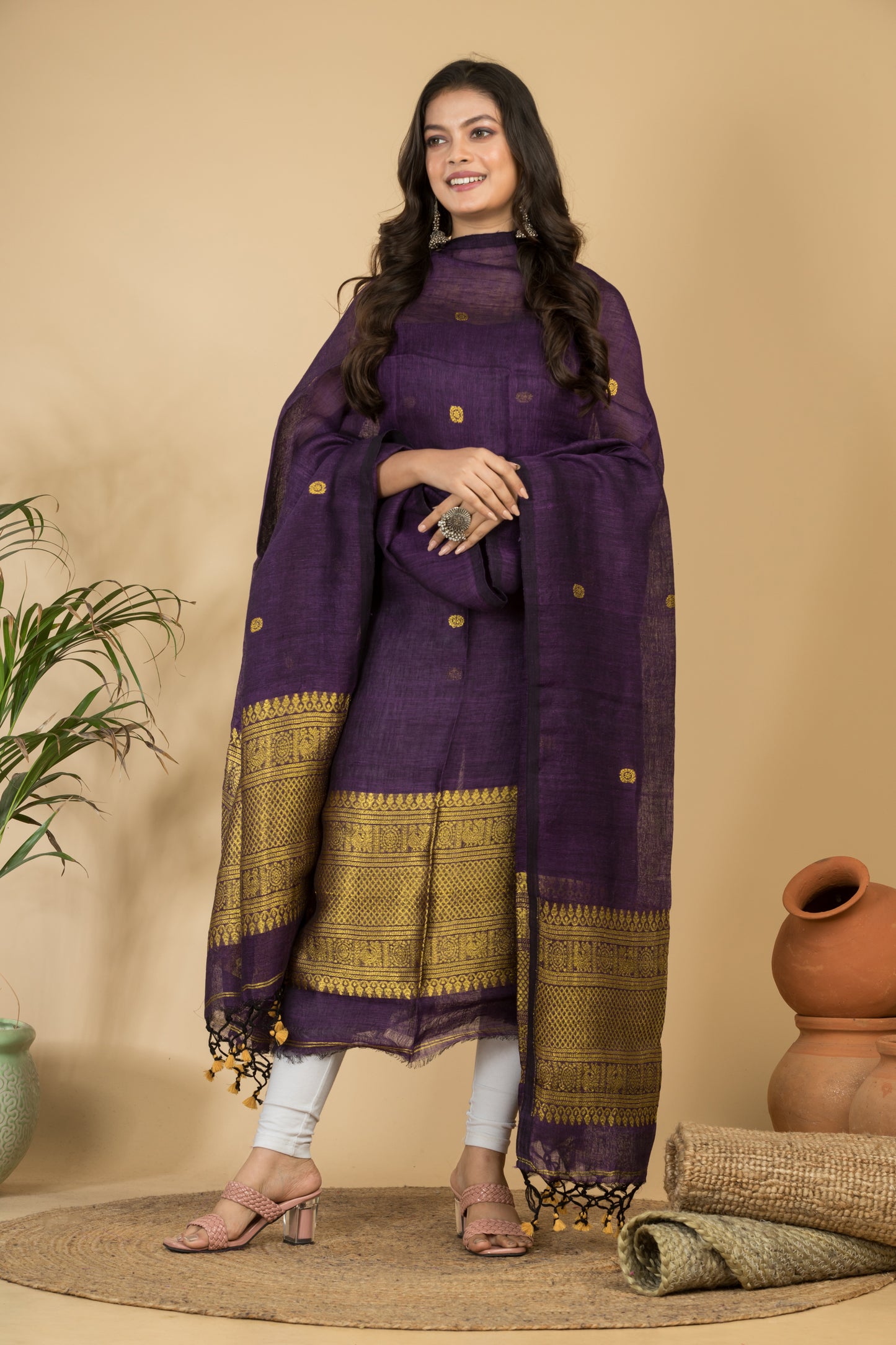 Pure Linen Jamdani Handwoven 2-Piece Suits with Tassel Dupatta