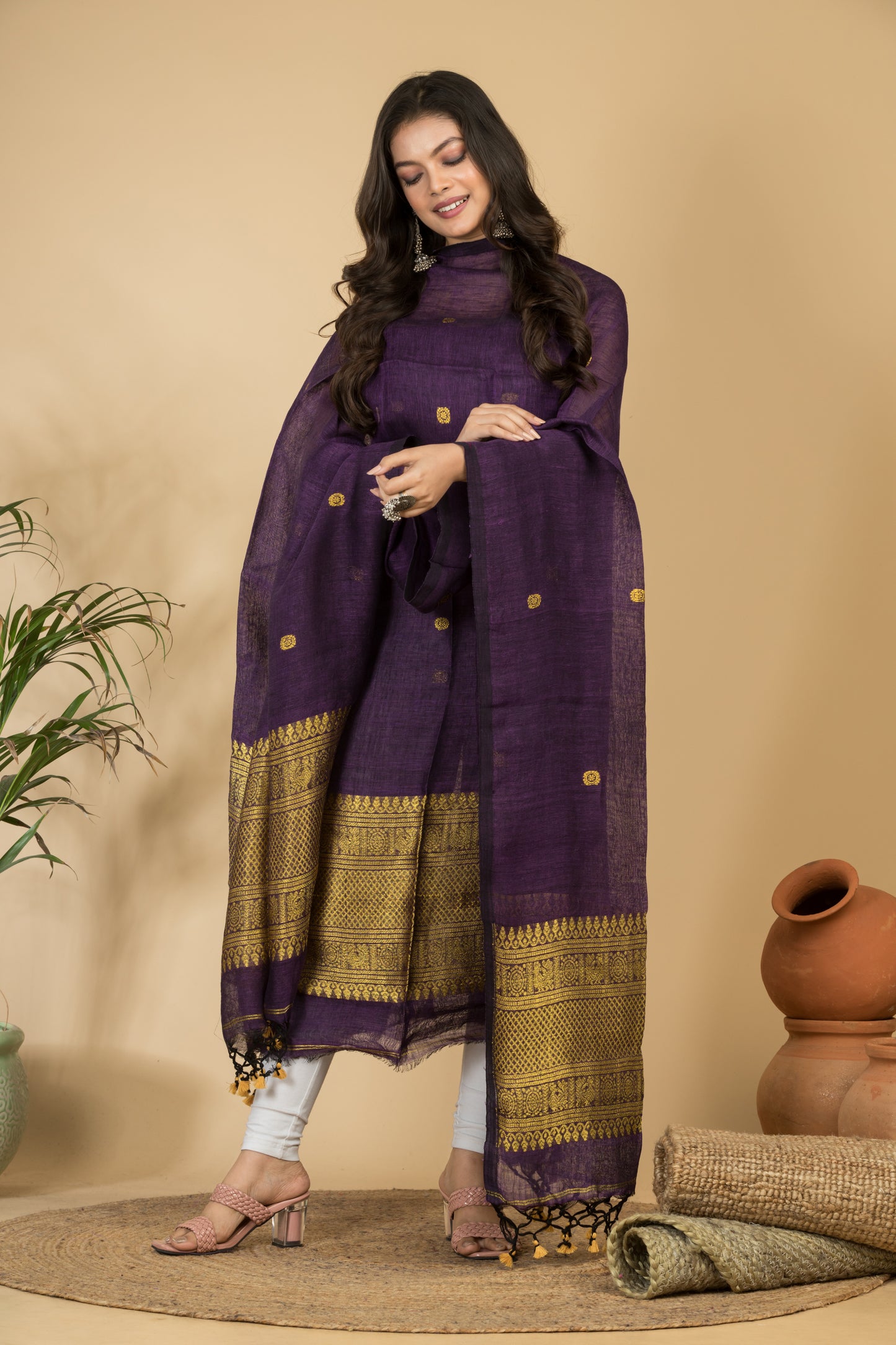 Pure Linen Jamdani Handwoven 2-Piece Suits with Tassel Dupatta