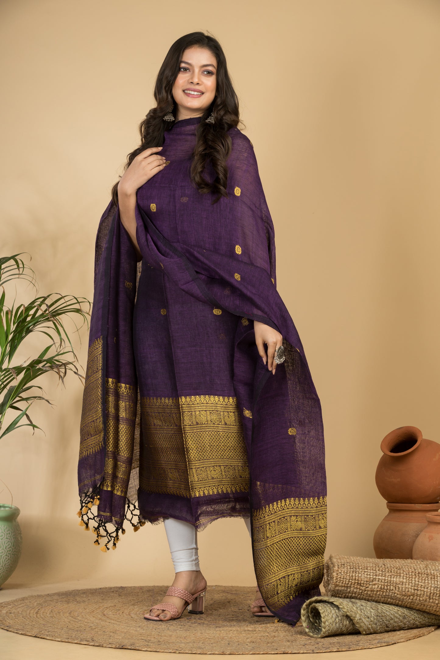 Pure Linen Jamdani Handwoven 2-Piece Suits with Tassel Dupatta