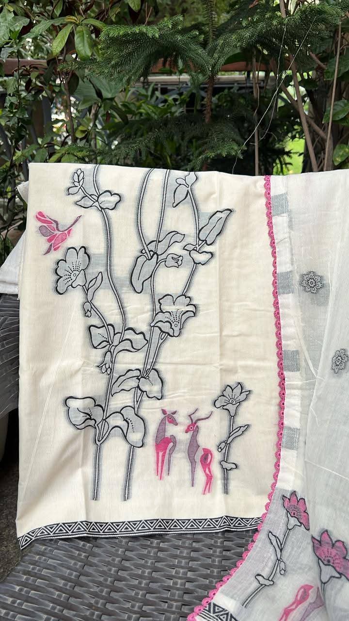 Cream Pure Chanderi Jamdani Suit with Multicolor Floral Weaving & Bottom