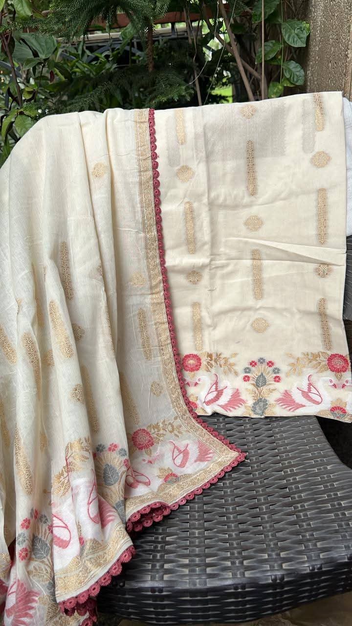 Cream Chanderi Jamdani Suit with Multicolor Floral Weaving & Bottom