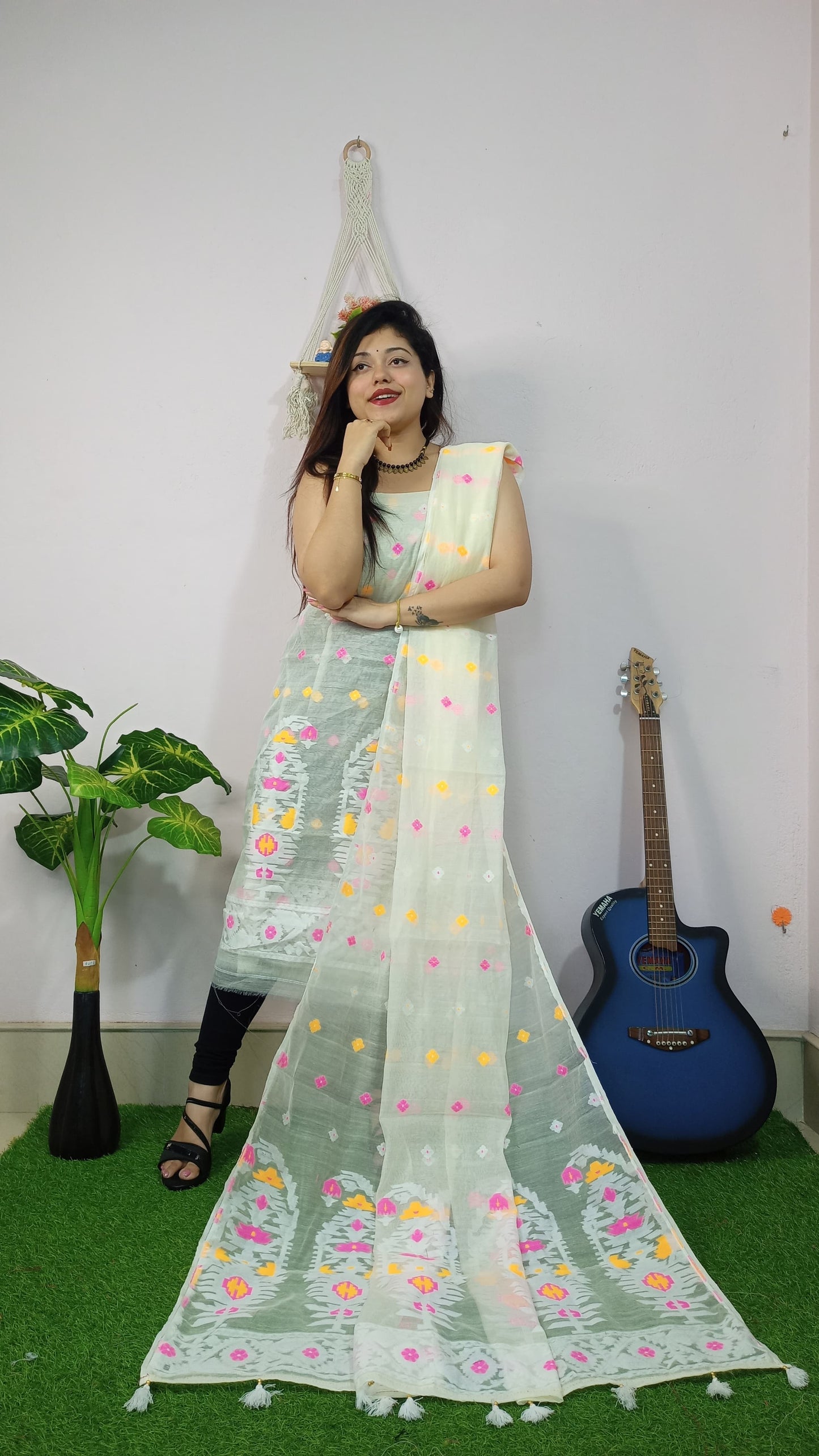 Pearl Whisper – White Jamdani Cotton Suit