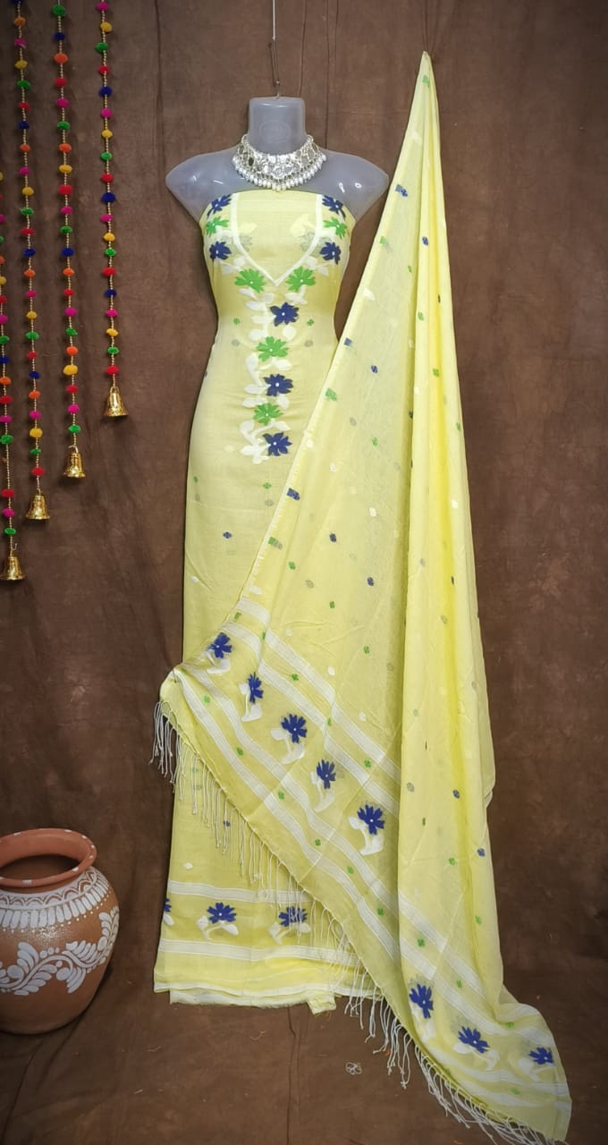 Sunshine Glow – Lemon Yellow Jamdani Cotton Suit