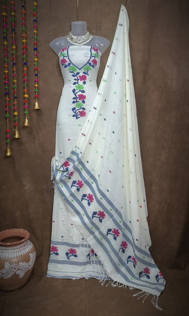Pure Serenity – White Jamdani Cotton Suit