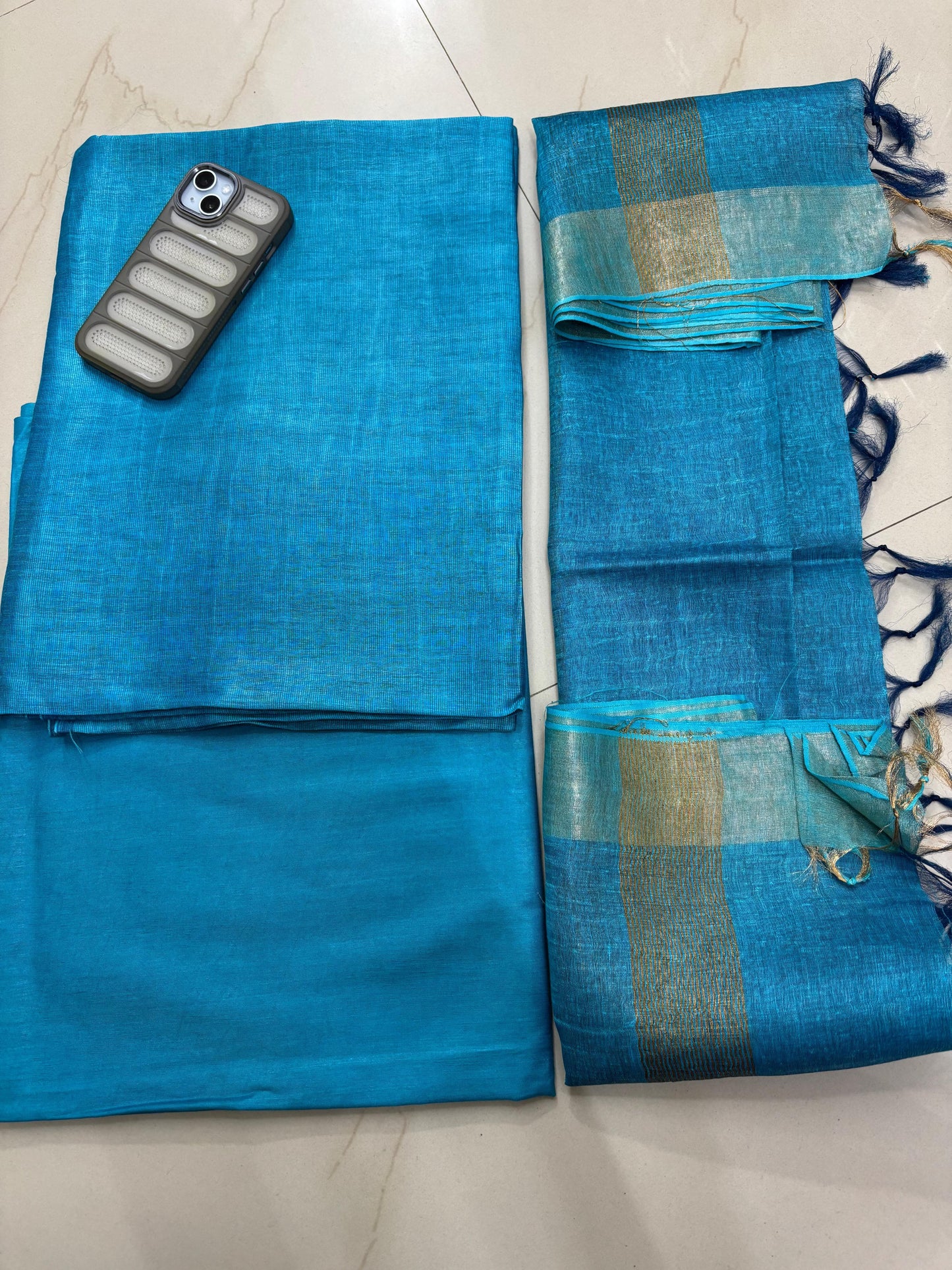 Turquoise Blue Pure Silk Linen Suit Set