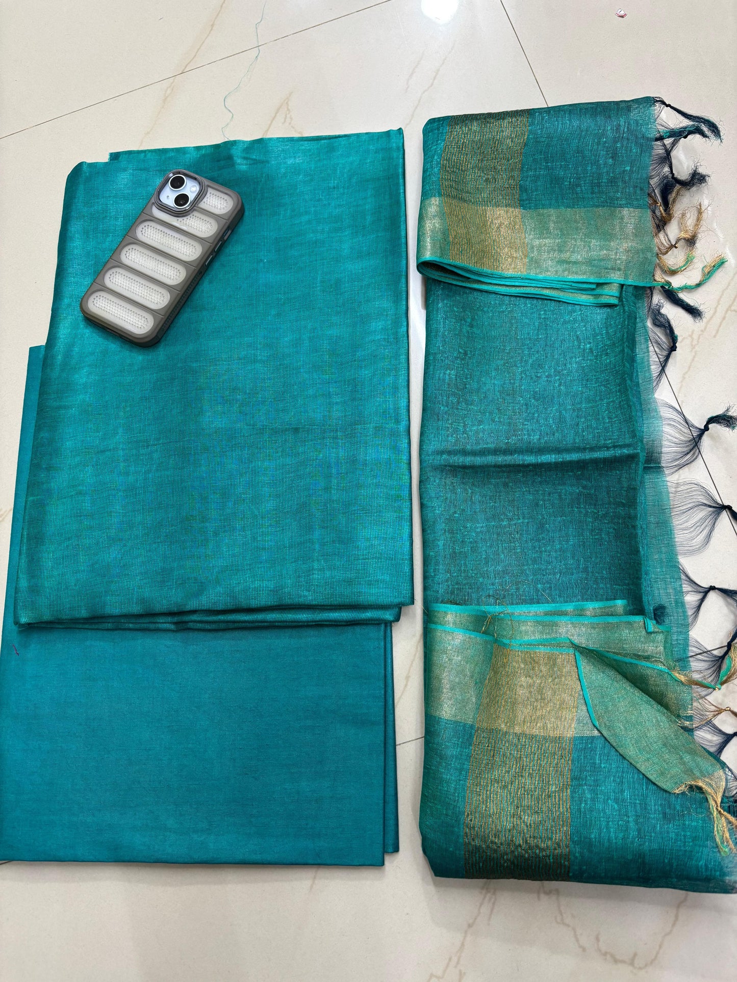 Teal Pure Silk Linen Suit Set