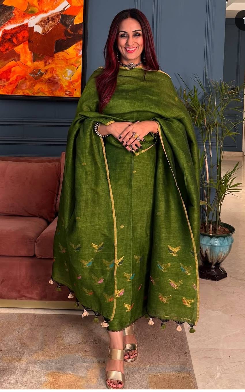 Green Handwoven Tissue Linen Suit – 2 Piece Set