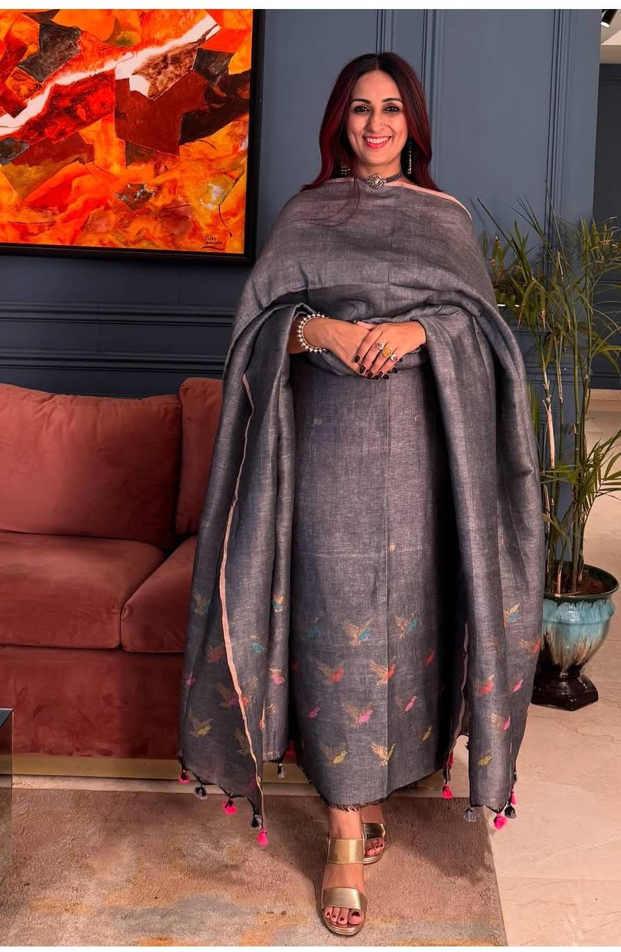Grey Handwoven Tissue Linen Suit – 2 Piece Set
