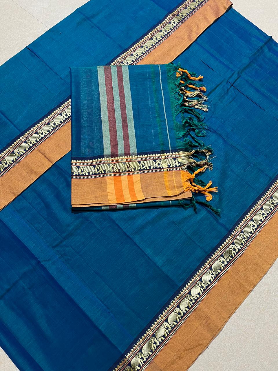 Deep Teal Blue & Golden Brown Narayanpet Border Set – Handloom Cotton Suit Material