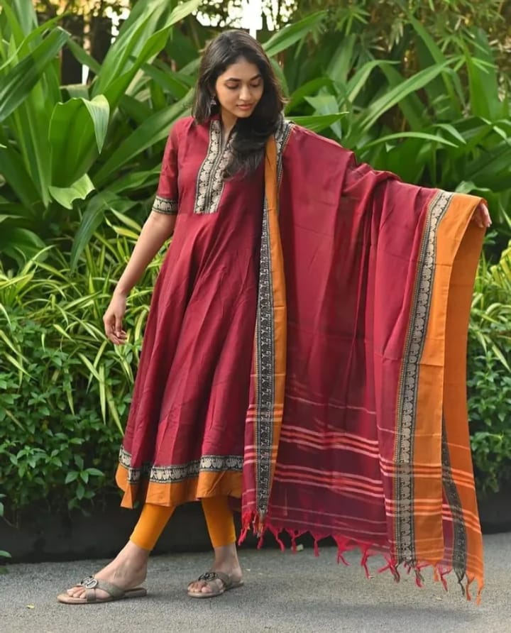 Deep Maroon with Mustard Yellow Narayanpet Border – Handloom Cotton Suit Material Set (With Dupatta)