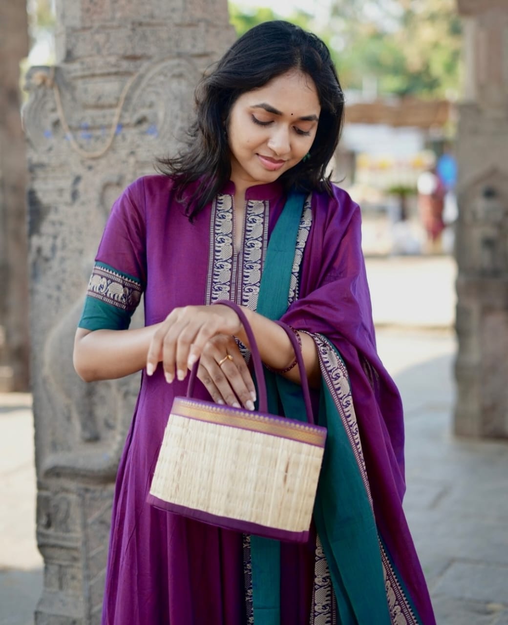Royal Deep Purple & Teal Green Narayanpet Borders Handloom Suit Set