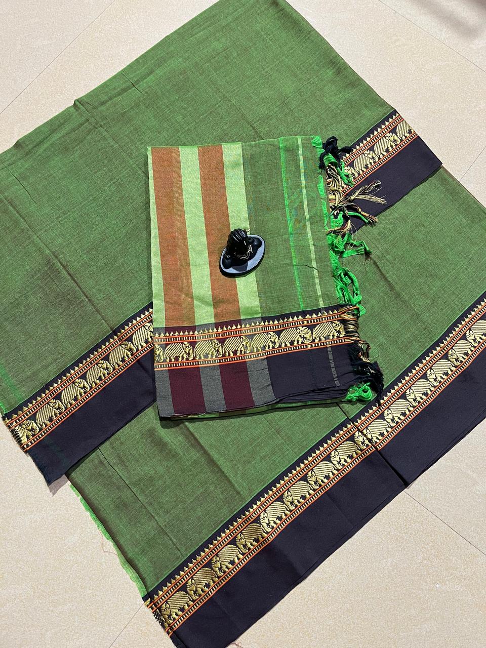Olive Green with Dark Navy Blue Narayanpet Border – Handloom Cotton Suit Material Set (With Dupatta)