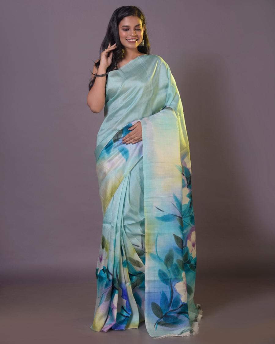 Mint Aqua Pure Bishnupuri 3-Ply Silk Saree | Hand-Painted Elegance