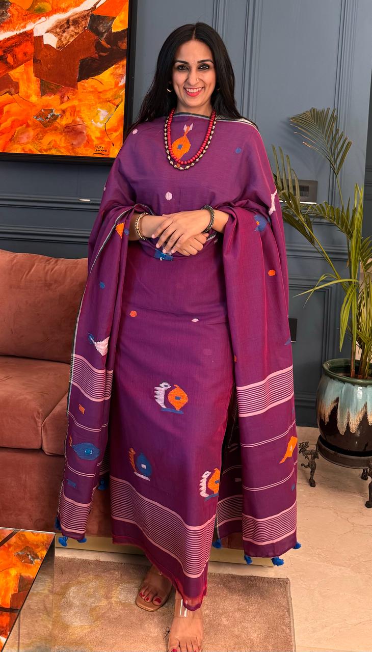 Magenta Pure Tantuja Cotton Suit – 3m Top & 2.5m Dupatta (Unstitched)