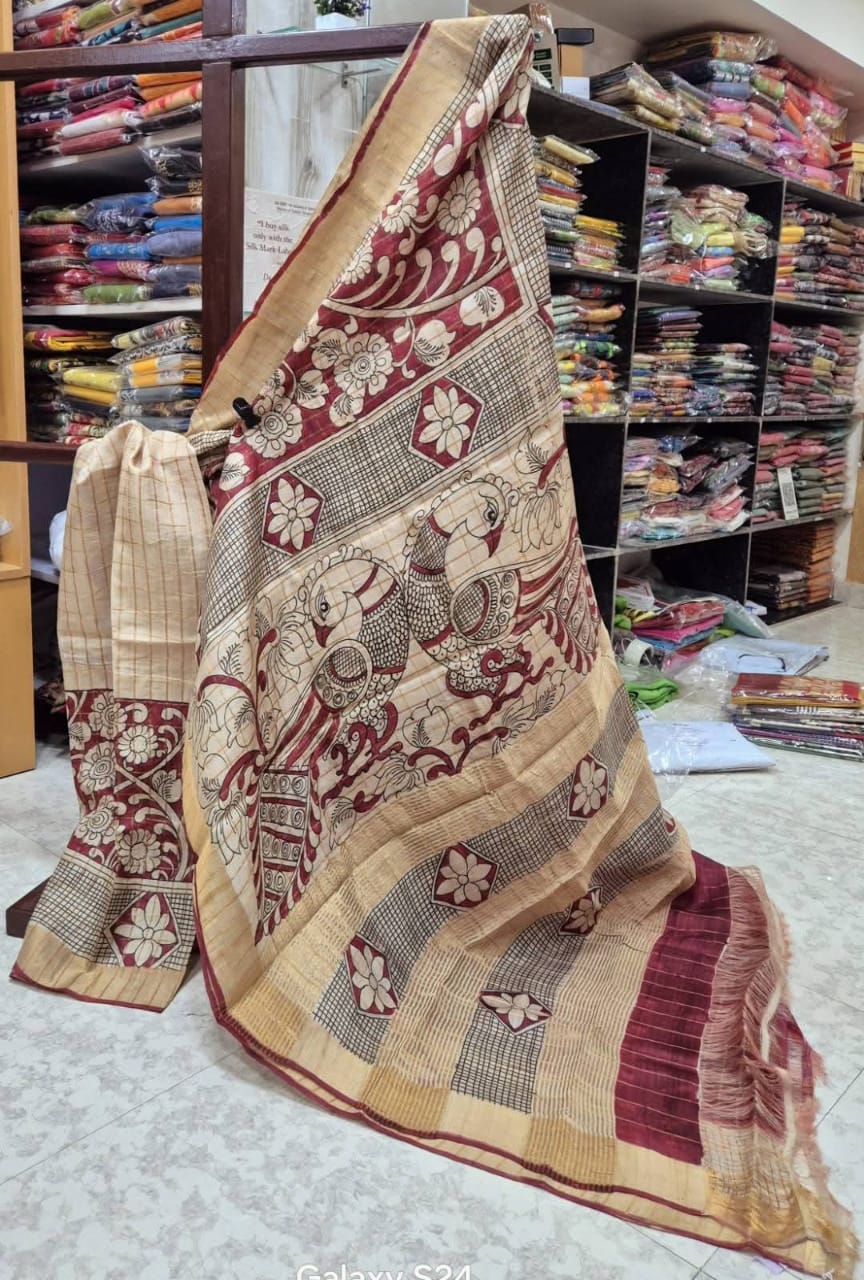 Cream & Maroon Handpainted Kalamkari Tussar Silk Saree with Blouse – 6.5m