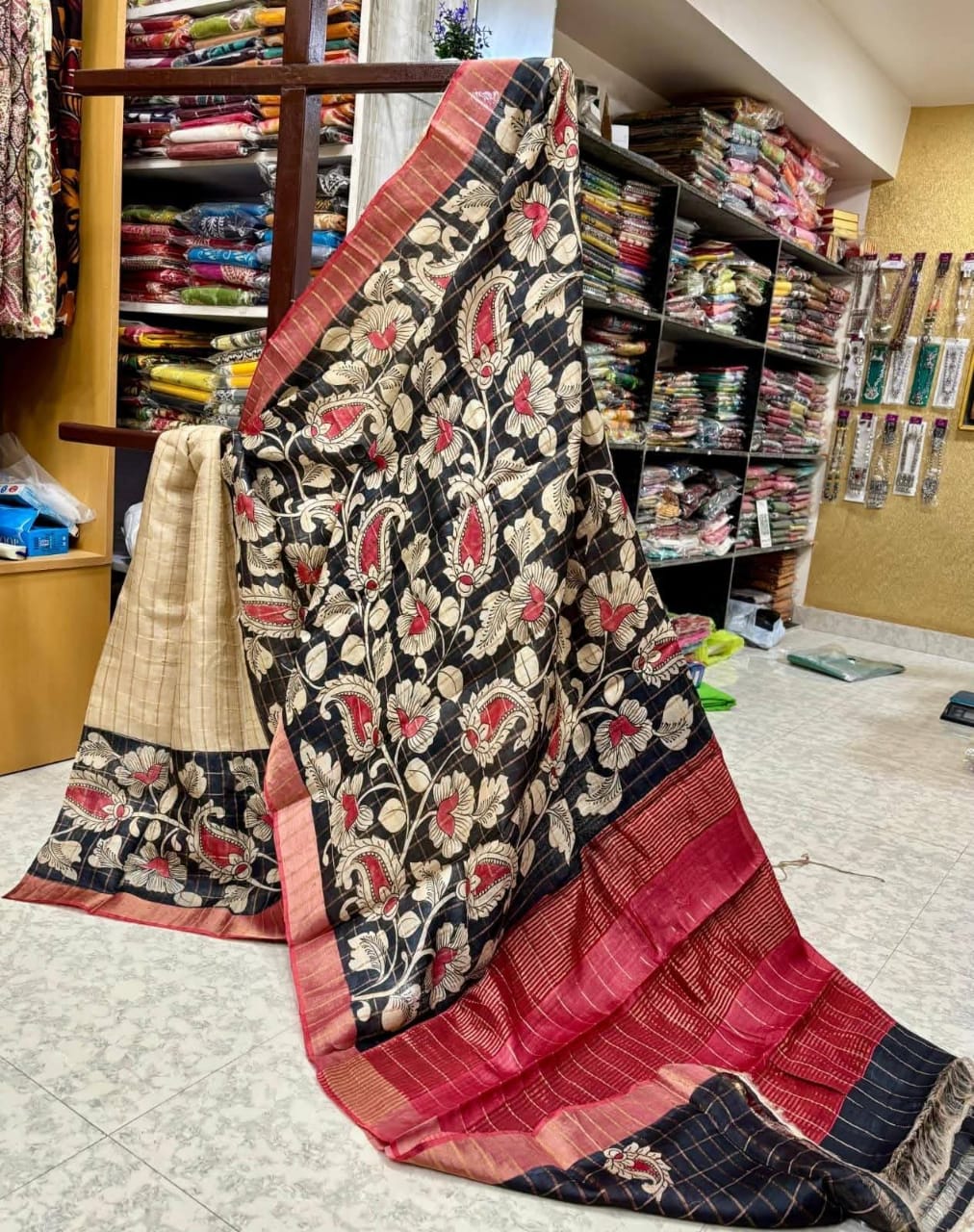Cream & Black Handpainted Kalamkari Tussar Silk Saree with Blouse – 6.5m
