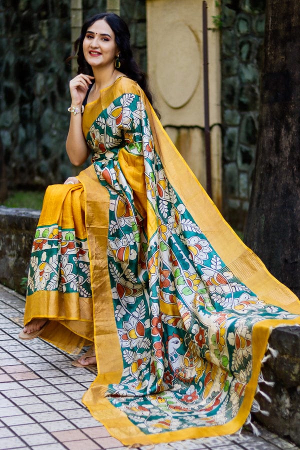 Mustard Yellow & Green Handpainted Kalamkari Tussar Silk Saree with Blouse – 6.5m