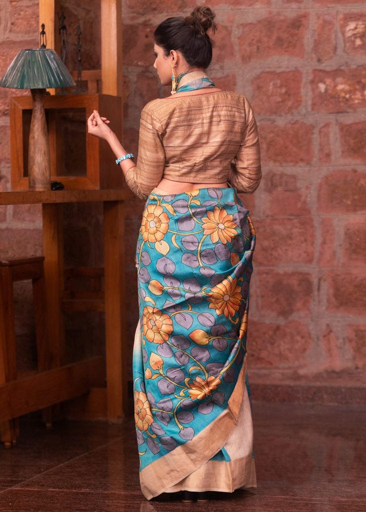 Muted Teal Blue Handpainted Kalamkari Tussar Silk Saree with Blouse – 6.5m