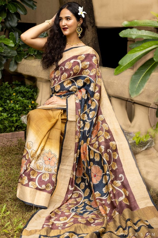 Golden Ochre & Deep Maroon Handpainted Kalamkari Tussar Silk Saree with Blouse – 6.5m