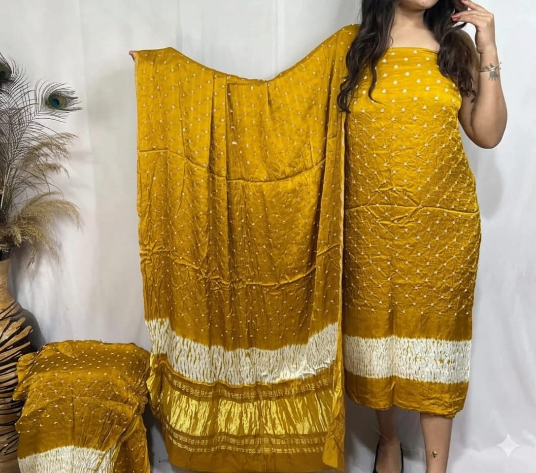 π Golden Yellow Pure Modal Silk Bandhej 3 Piece Suit Set π