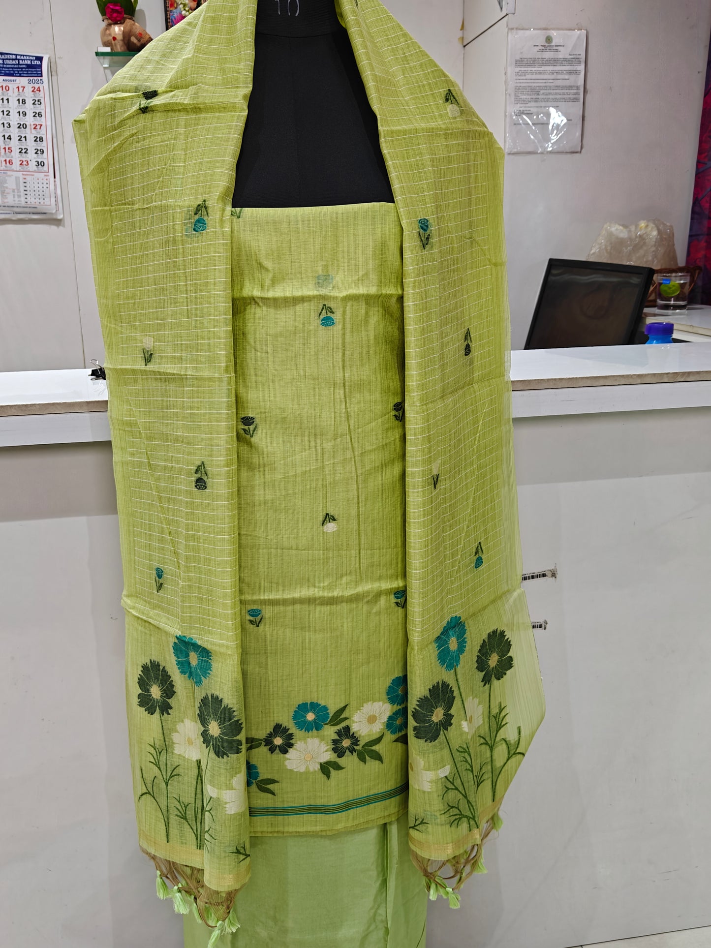Green Pure Chanderi Jamdani Weaving Suit Material with Bottom – 2.5m Each