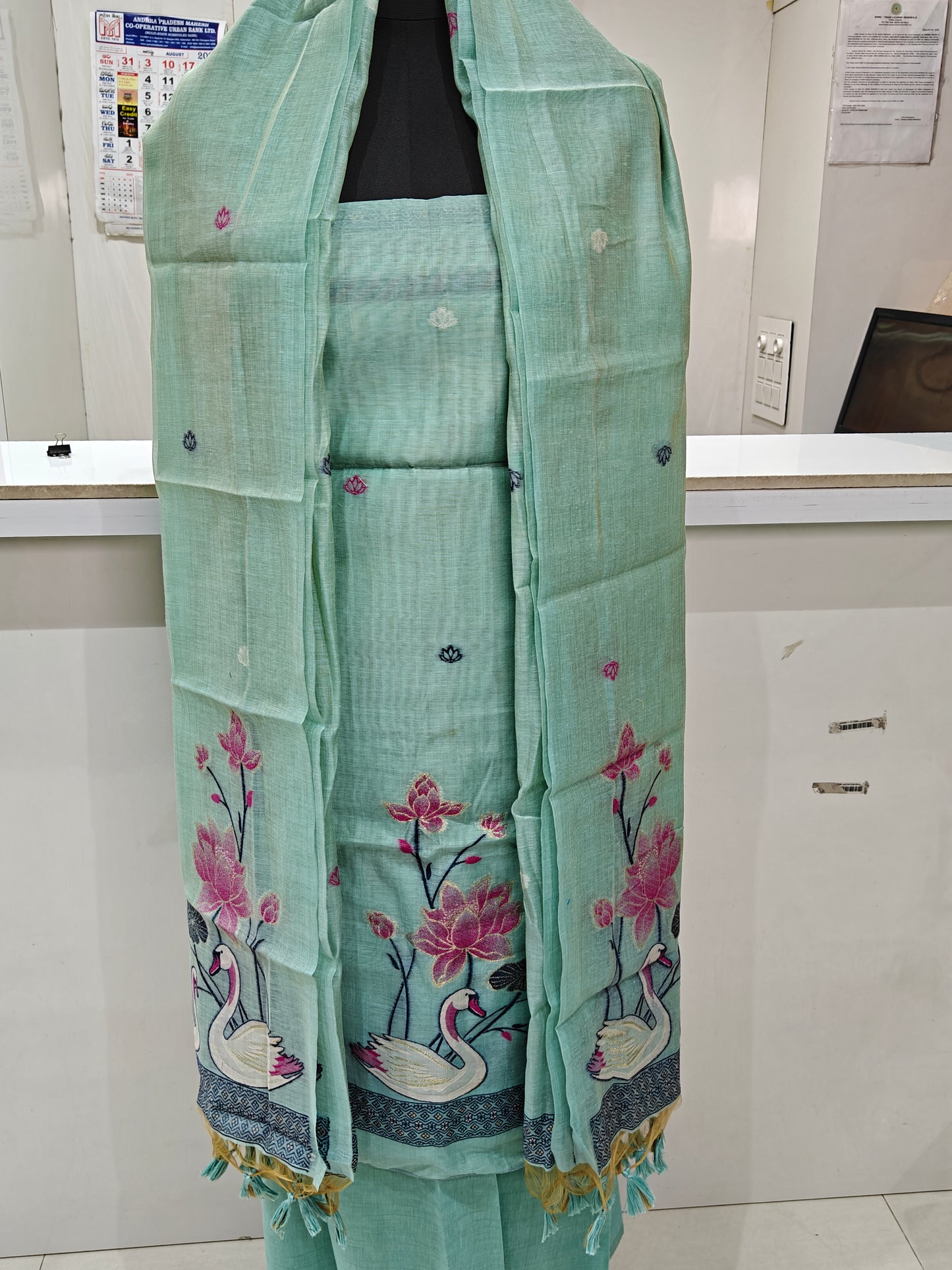 Light Sea Blue Pure Chanderi Jamdani Suit with Bottom