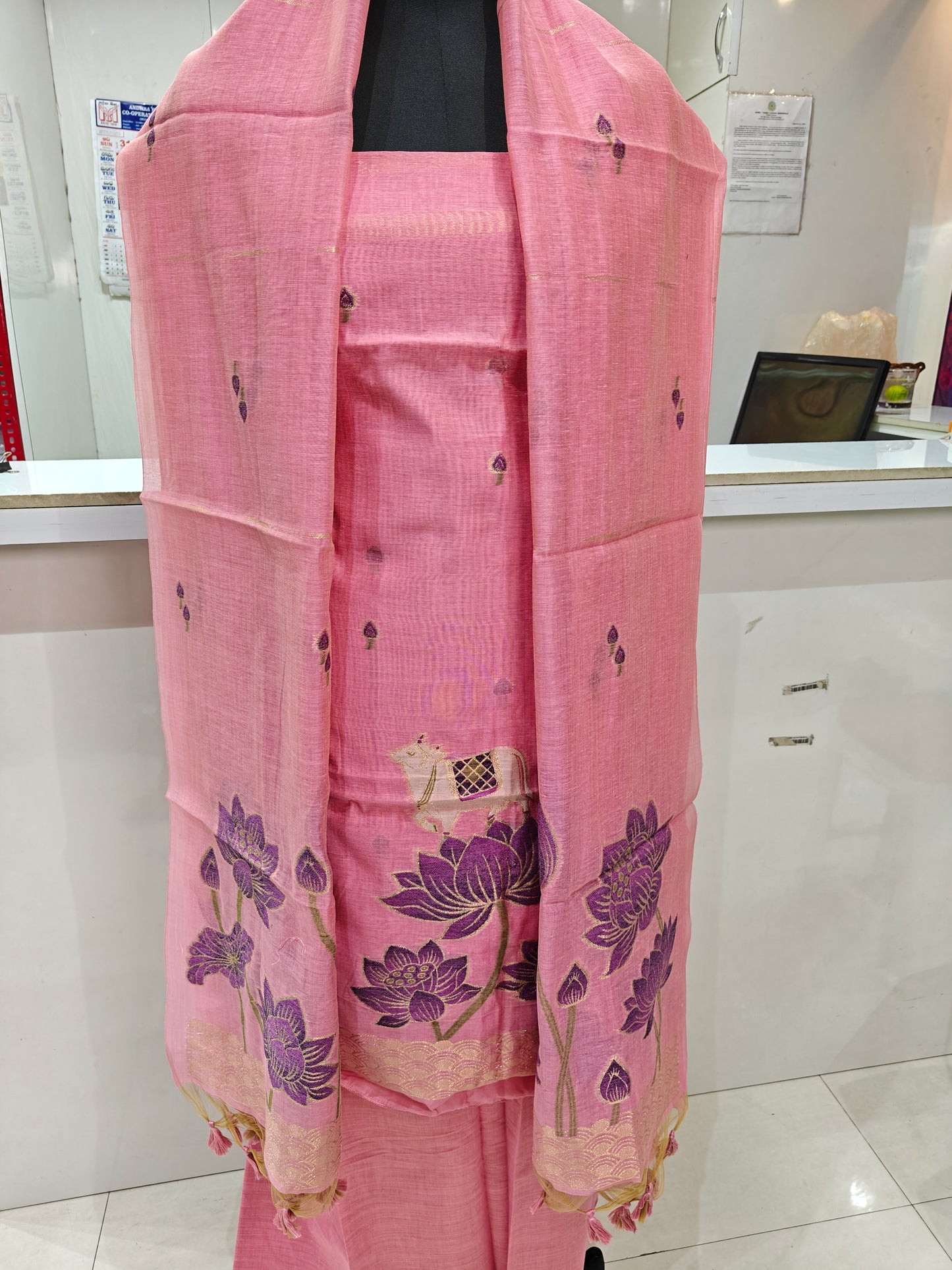 Bright Pink Pure Chanderi Jamdani Suit with Bottom