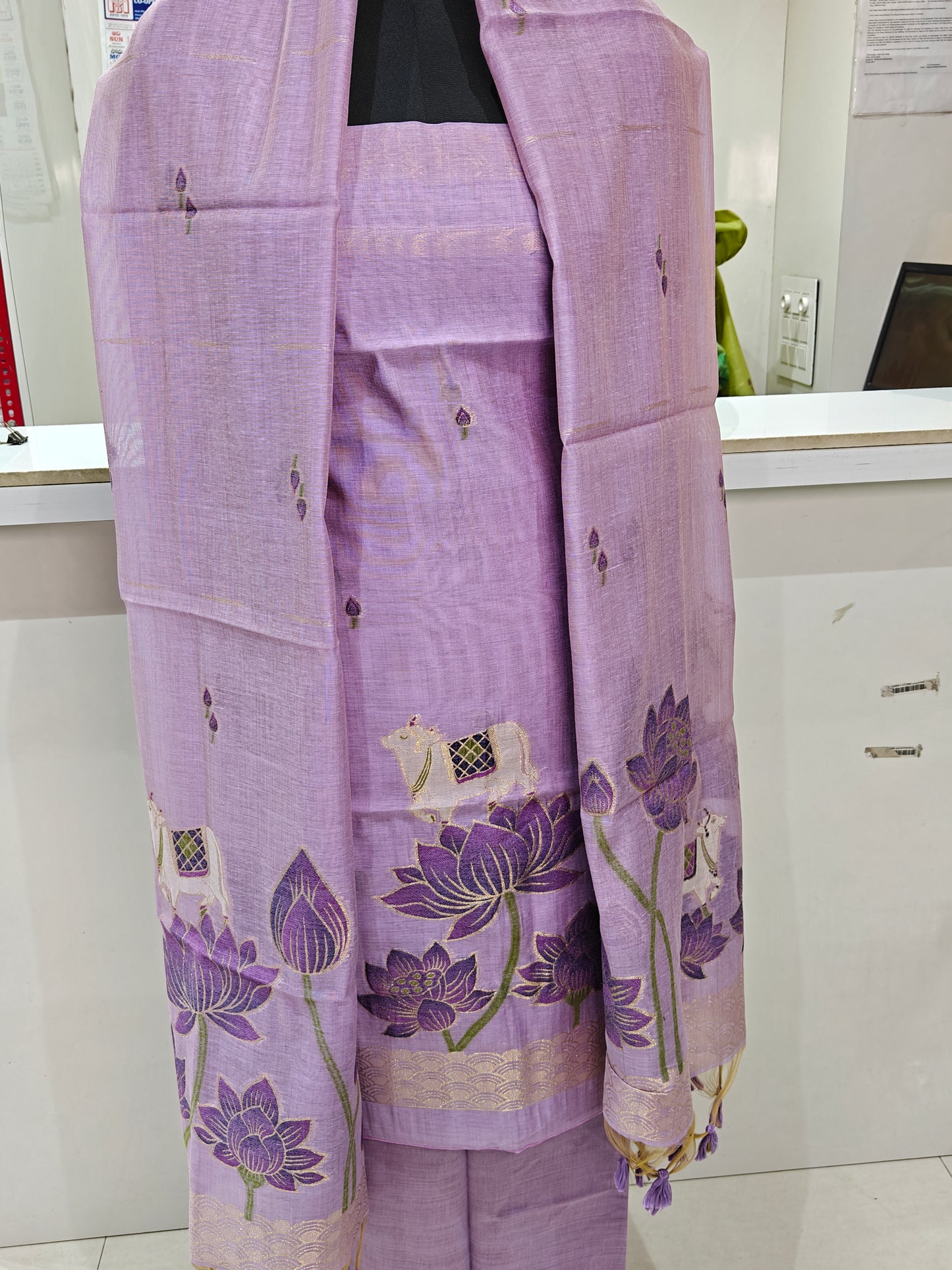 Lavender Purple Pure Chanderi Jamdani Suit with Bottom