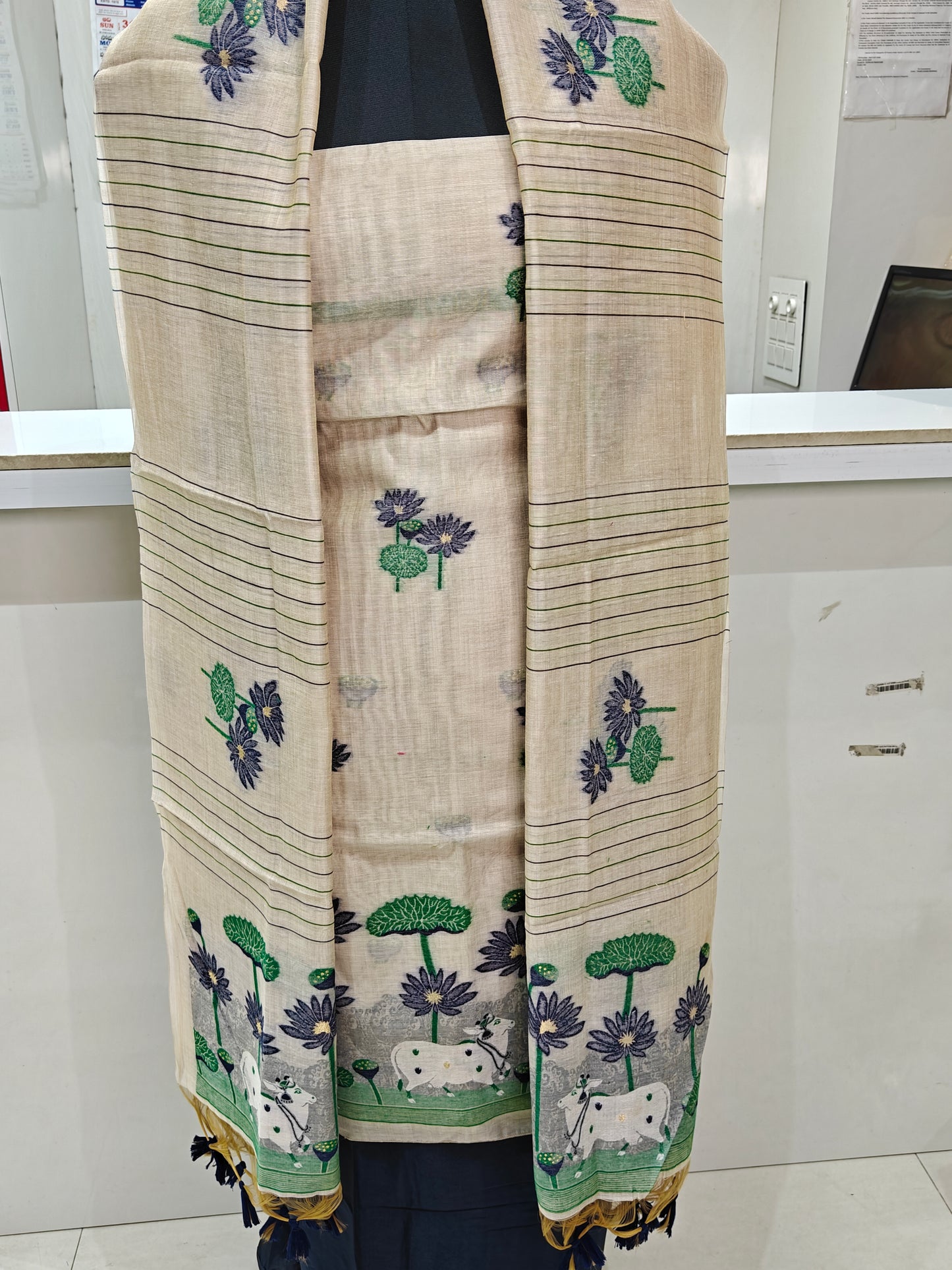 Soft Beige Base Pure Chanderi Jamdani Suit with Bottom