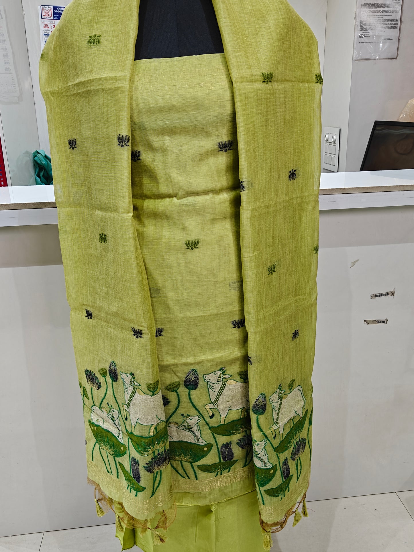Lime Green Pure Chanderi Weaved Jamdani Suit with Bottom