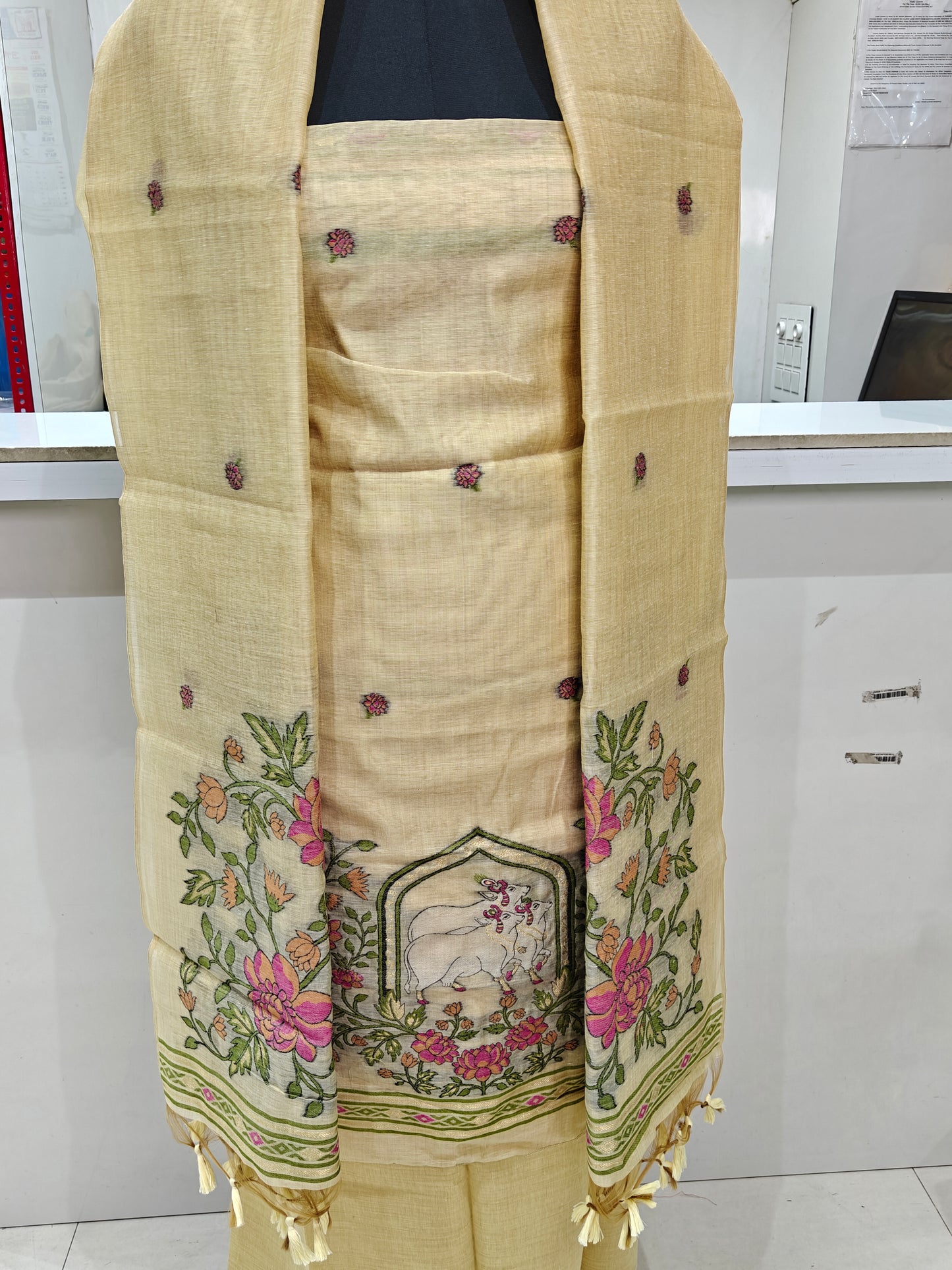 Beige Base Pure Chanderi Weaved Jamdani Suit with Bottom
