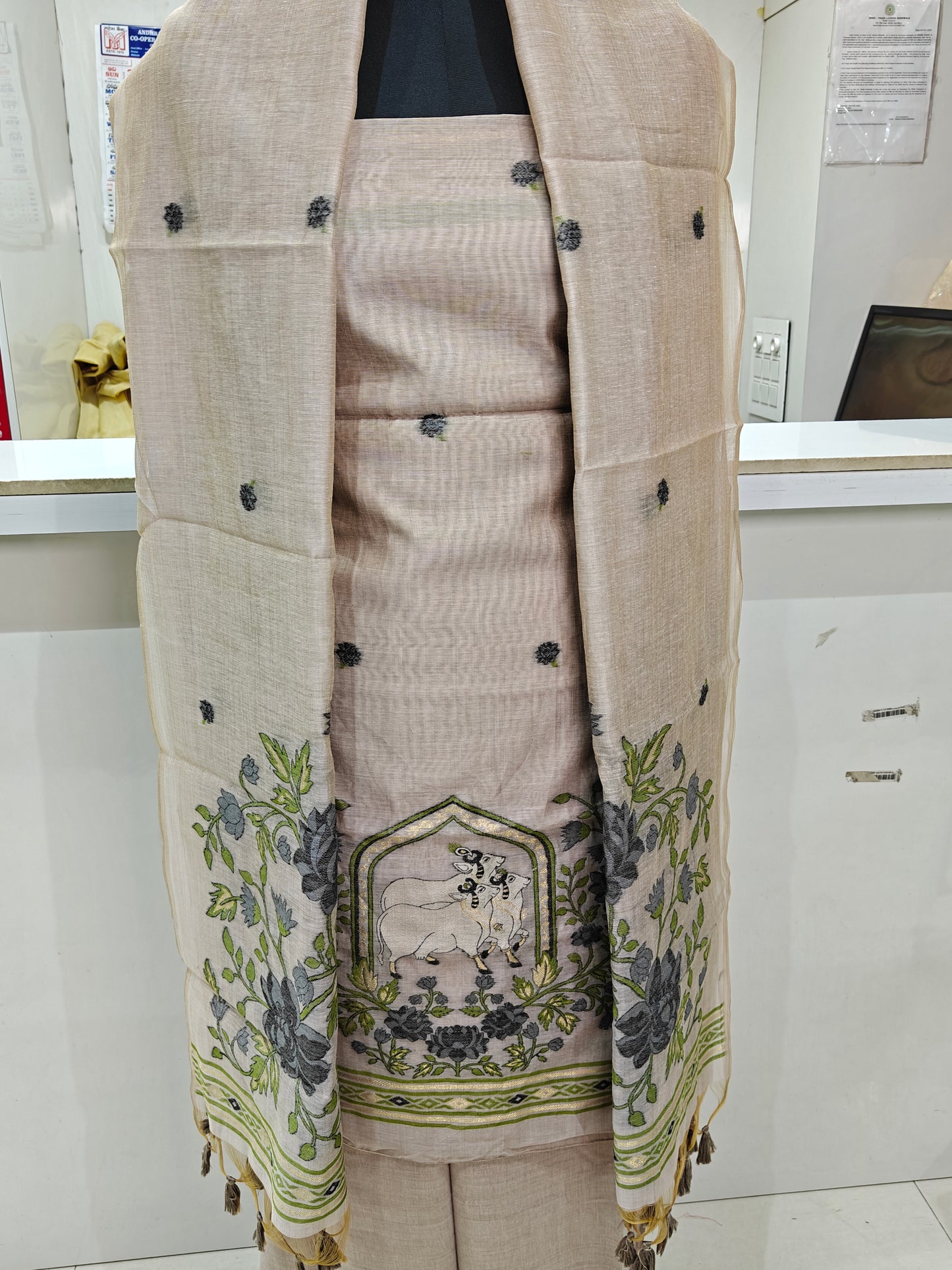 Light Beige Base Pure Chanderi Weaved Jamdani Suit with Bottom