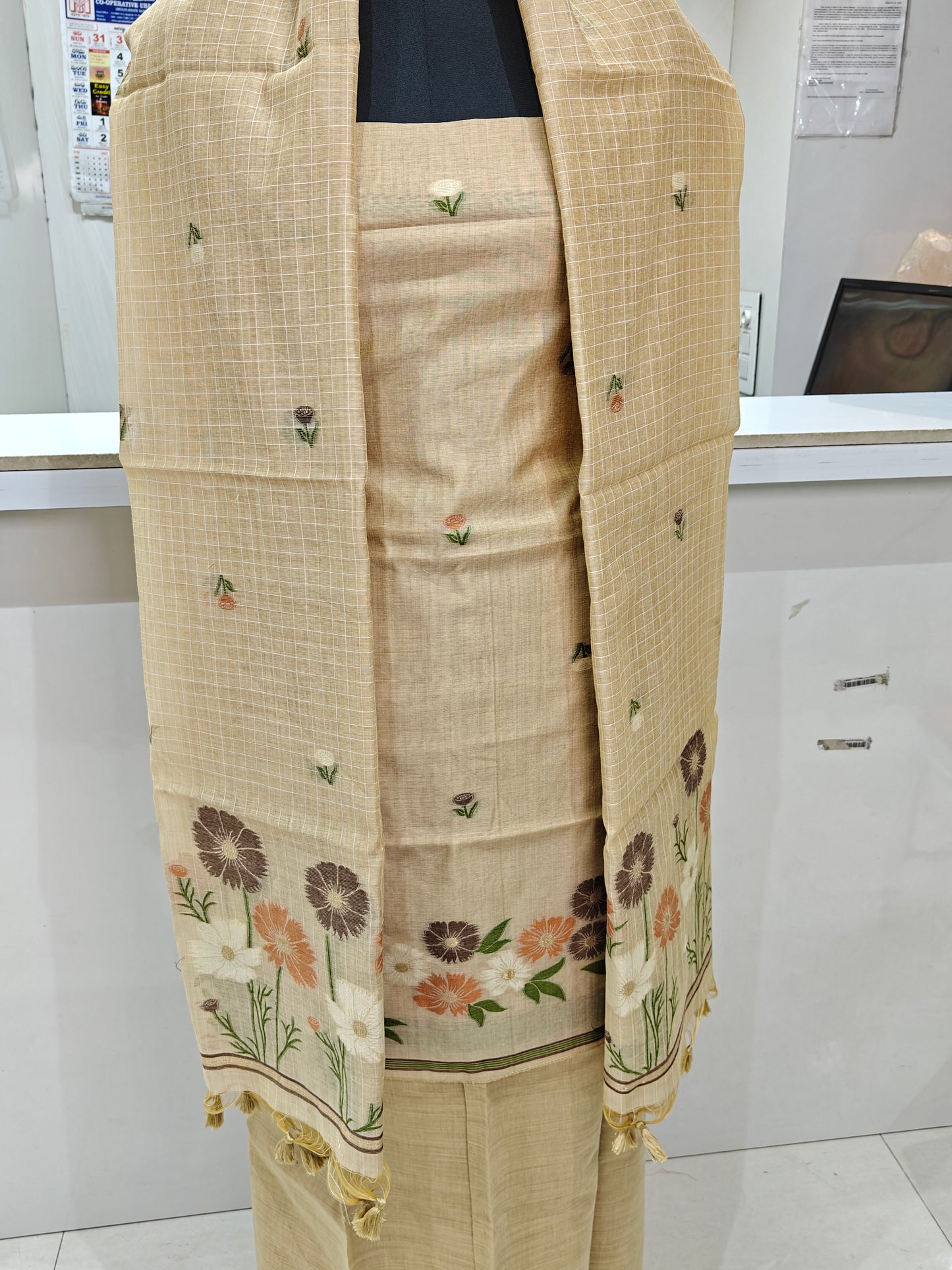 Wheat Color Pure Chanderi Weaved Jamdani Suit with Bottom