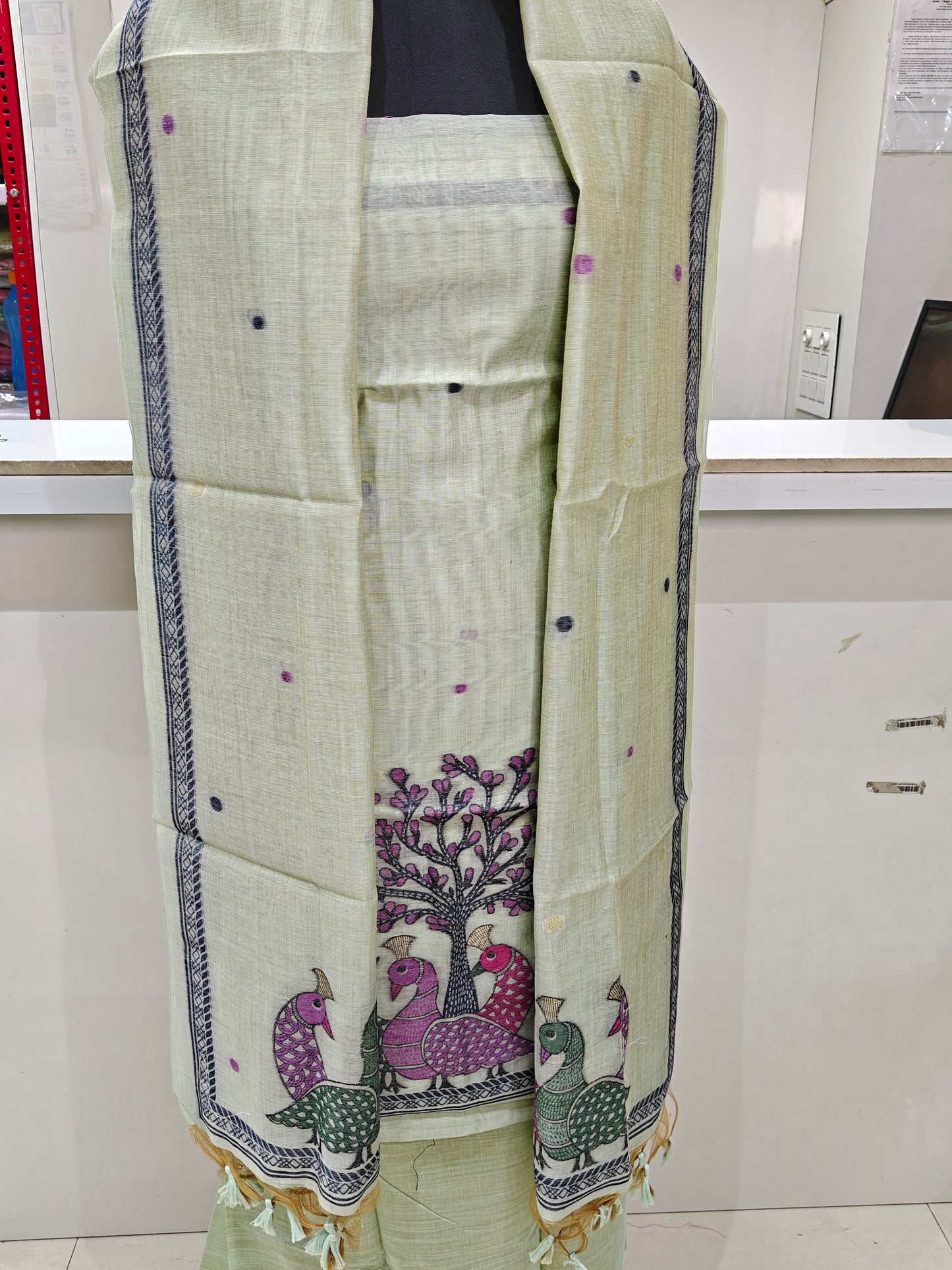 Light Sage Green Pure Chanderi Weaved Jamdani Suit with Bottom