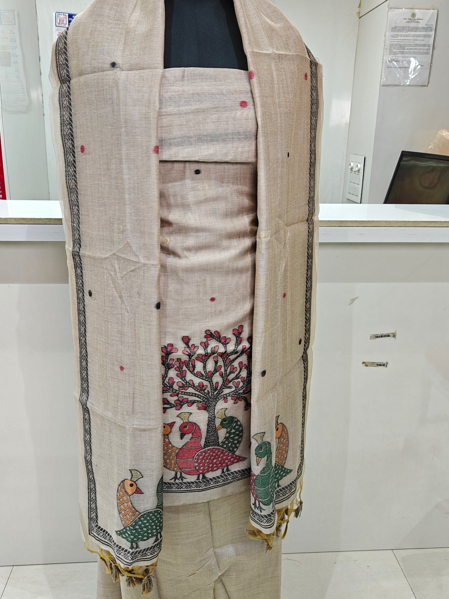 Light Beige Pure Chanderi Weaved Jamdani Suit with Bottom