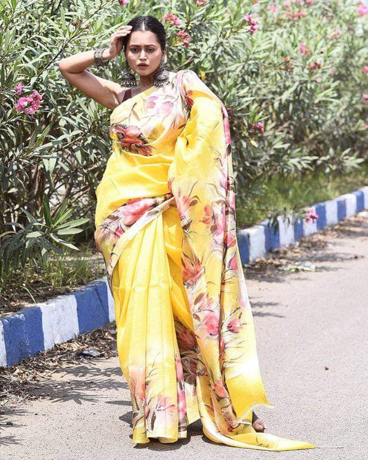 Yellow Pure Bishnupuri 3-Ply Silk Saree | Hand-Painted Elegance