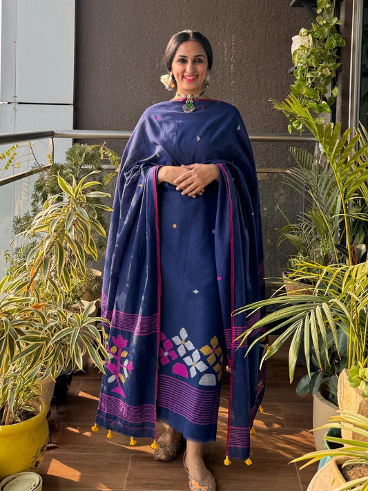 Blue Pure Tantuja Cotton Suit – Unstitched 3m Top with 2.5m Dupatta