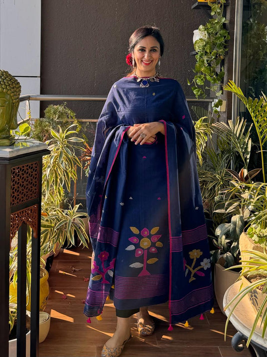 Royal Blue Pure Tantuja Cotton Suit – Unstitched 3m Top with 2.5m Dupatta