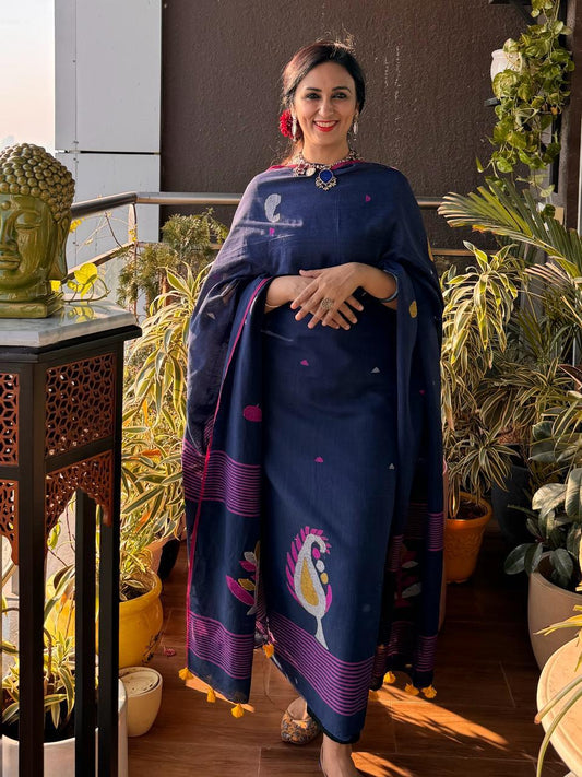 Royal Blue Pure Tantuja Cotton Suit – 3m Top & 2.5m Dupatta (Unstitched)
