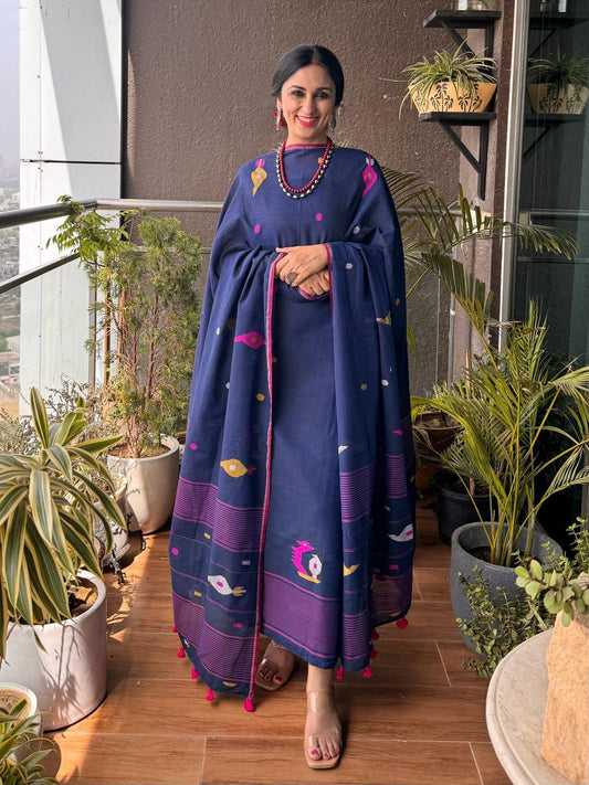 Blue Pure Tantuja Cotton Suit – 3m Top & 2.5m Dupatta (Unstitched)